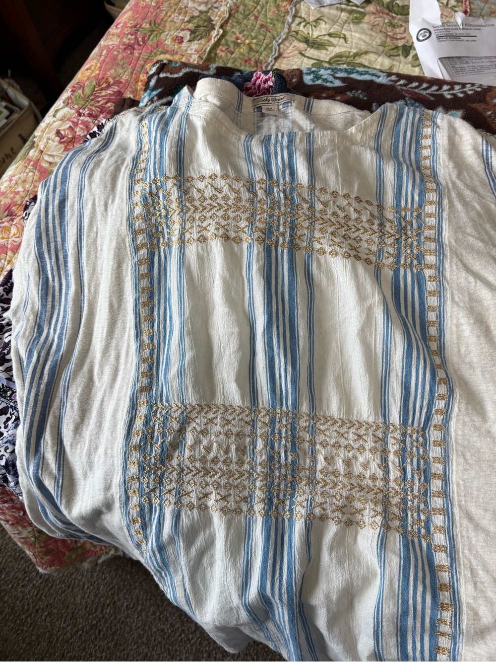 Lucky Brand Blue & Cream Striped Boho Top